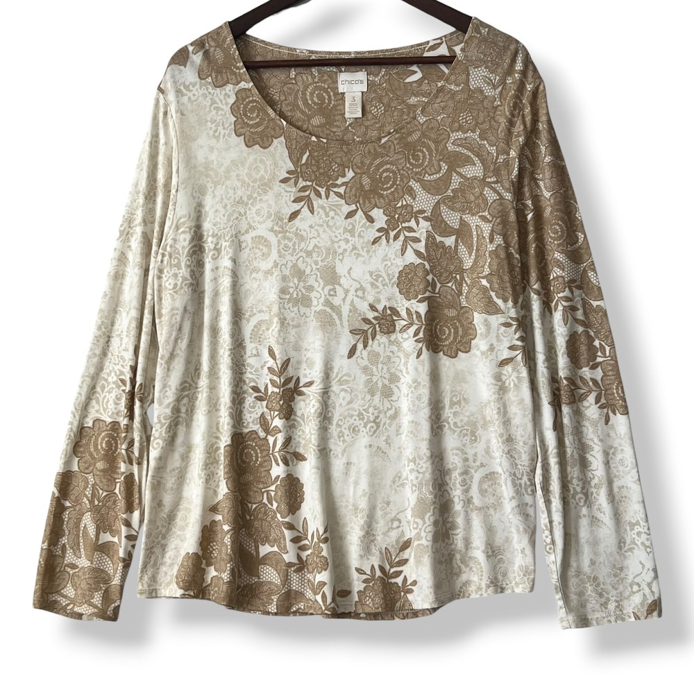 Chico's‎ Top Size 3 XL Tan White Floral Lace Print Long Sleeve Soft Neutral Boho